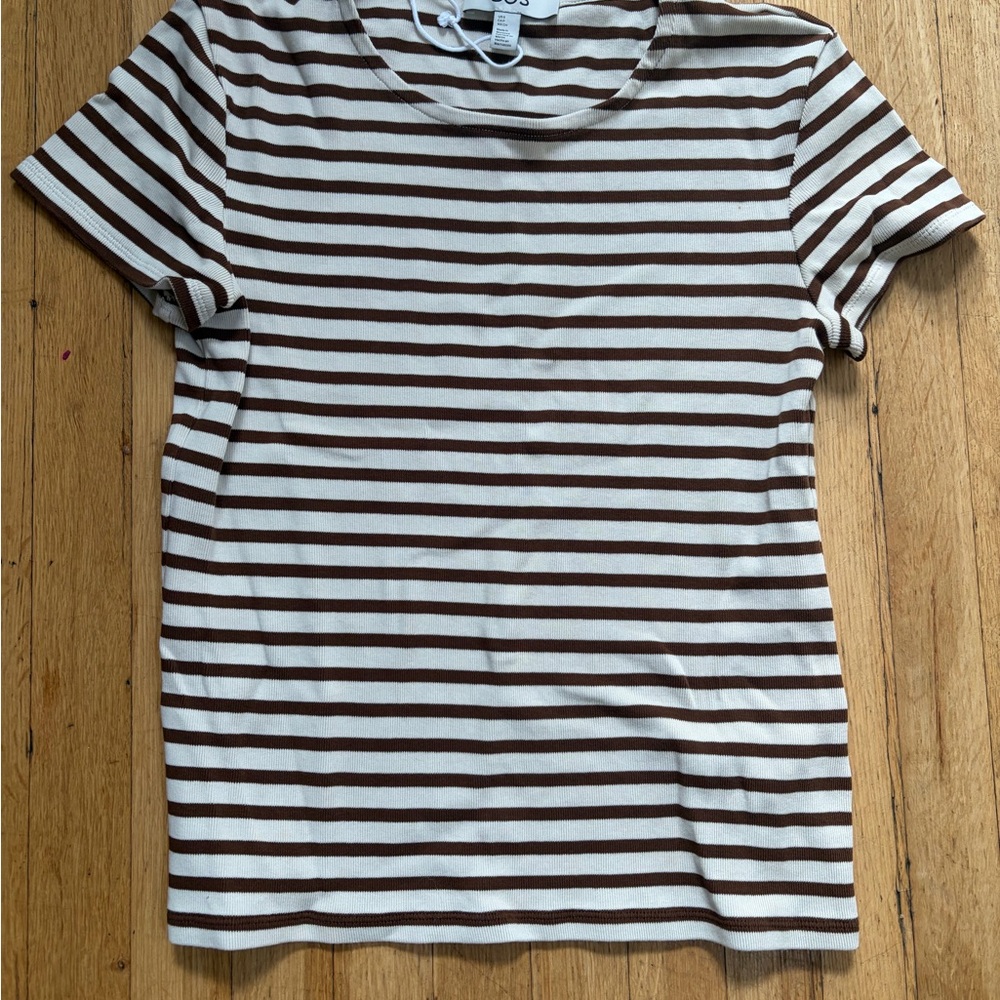 COS Brown & Cream Striped Short Sleeve Top Size Small EUC